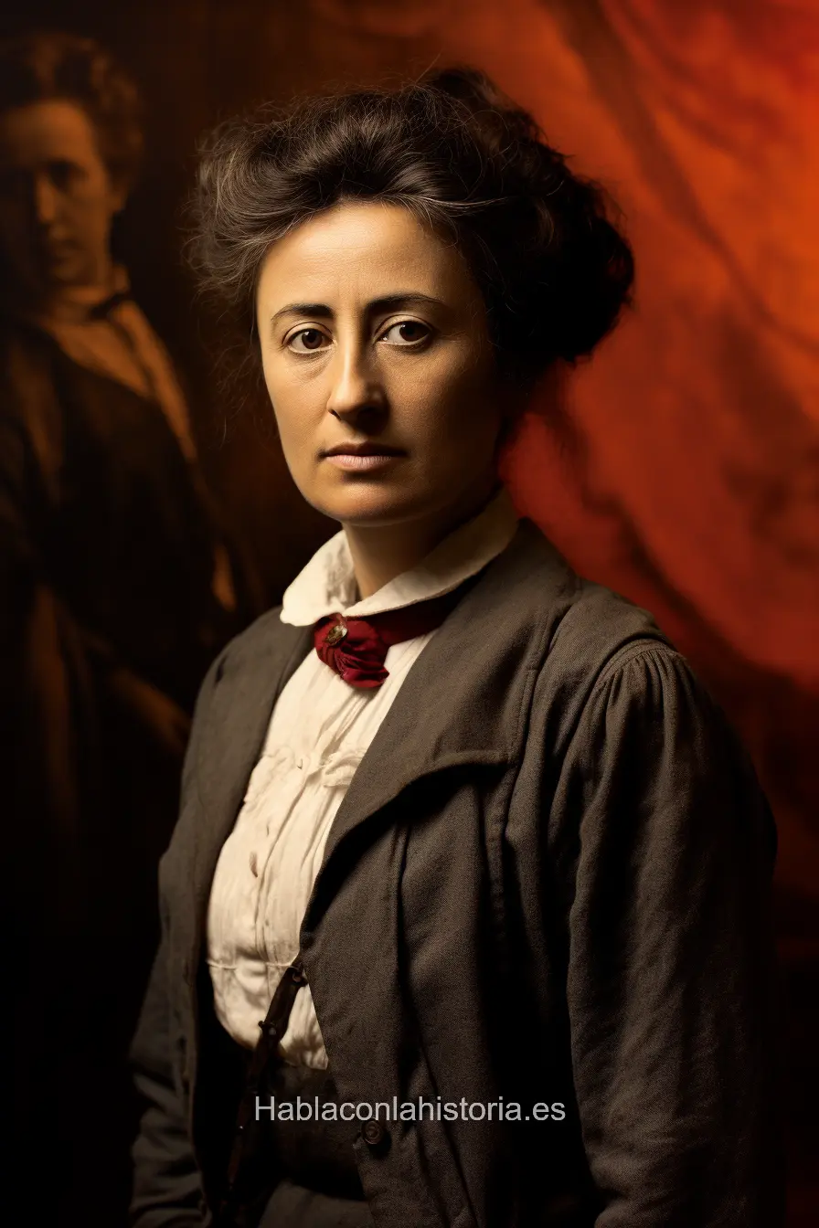 Imagen realista de Rosa Luxemburgo, activista socialista y figura revolucionaria, creada por IA. Contiene citas famosas, diálogos interactivos de inteligencia artificial y recursos para aprendizaje político.