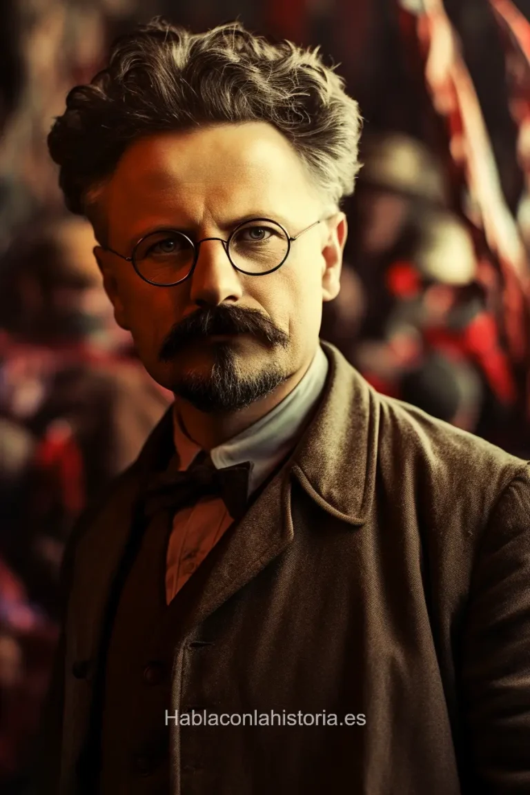 Foto realista de León Trotski, figura prominente de la Revolución Rusa, generada por IA. Contiene citas históricas, diálogos de chat IA y recursos para el aprendizaje.