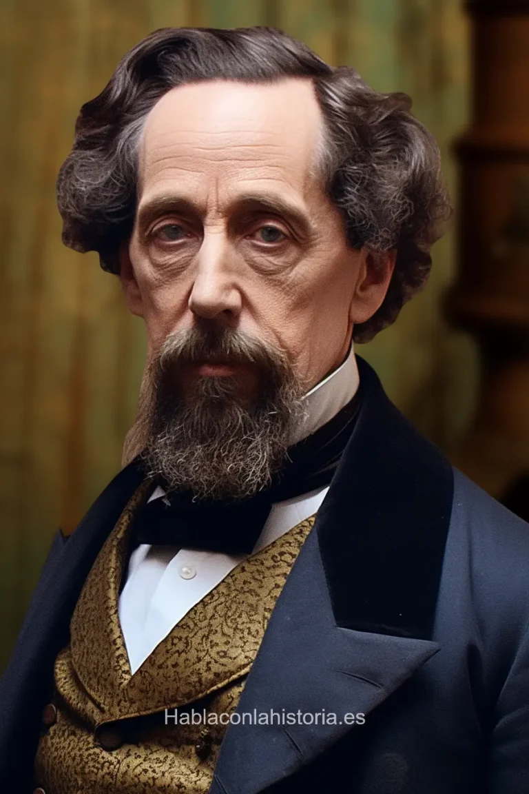 Imagen realista de Charles Dickens, el célebre novelista y escritor inglés de la era victoriana, generada por IA. Contiene citas célebres, interacción de chat IA y actividades de aprendizaje literario.