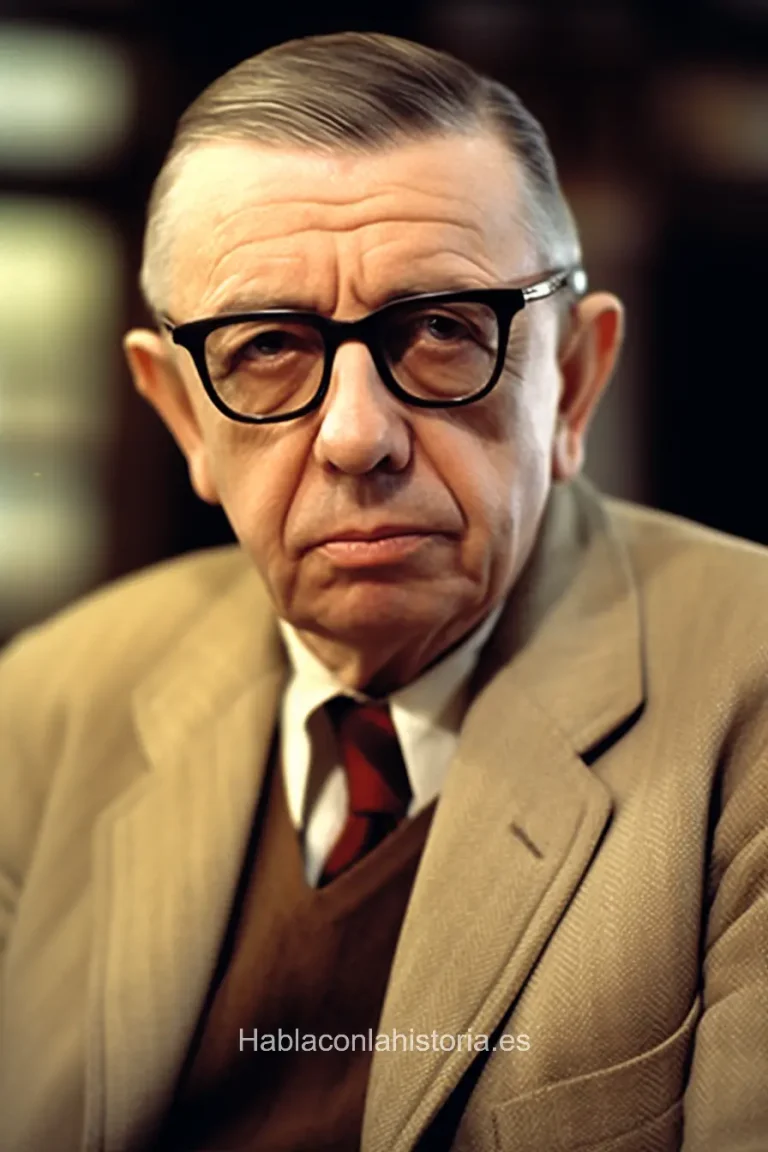 Imagen realista de Jean-Paul Sartre, el famoso filósofo existencialista francés, creada por inteligencia artificial. Contiene citas célebres, interacción de chat IA y actividades de aprendizaje filosófico.