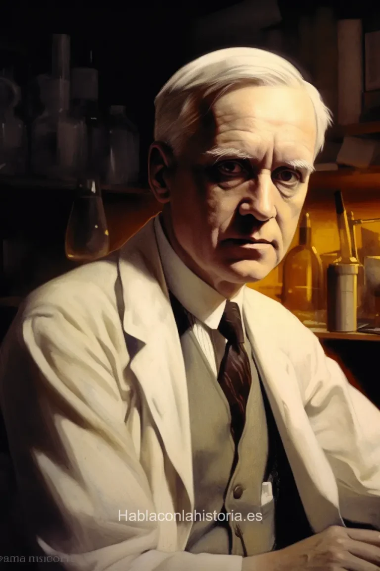 Imagen realista de Alexander Fleming, el descubridor de la penicilina, generada por IA. Contiene citas célebres, interacción de chat IA y actividades de aprendizaje científico.