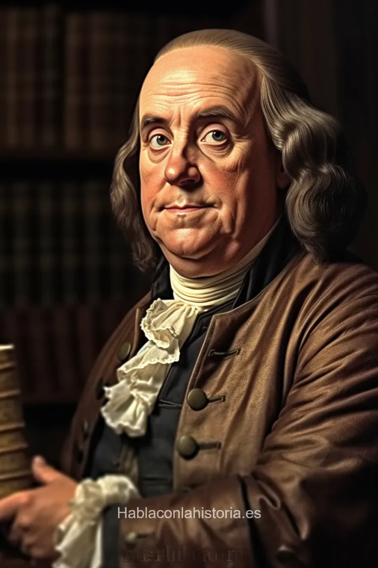 Imagen realista de Benjamin Franklin, uno de los Padres Fundadores de los Estados Unidos, generada por IA. Contiene citas célebres, interacción de chat IA y actividades de aprendizaje histórico.