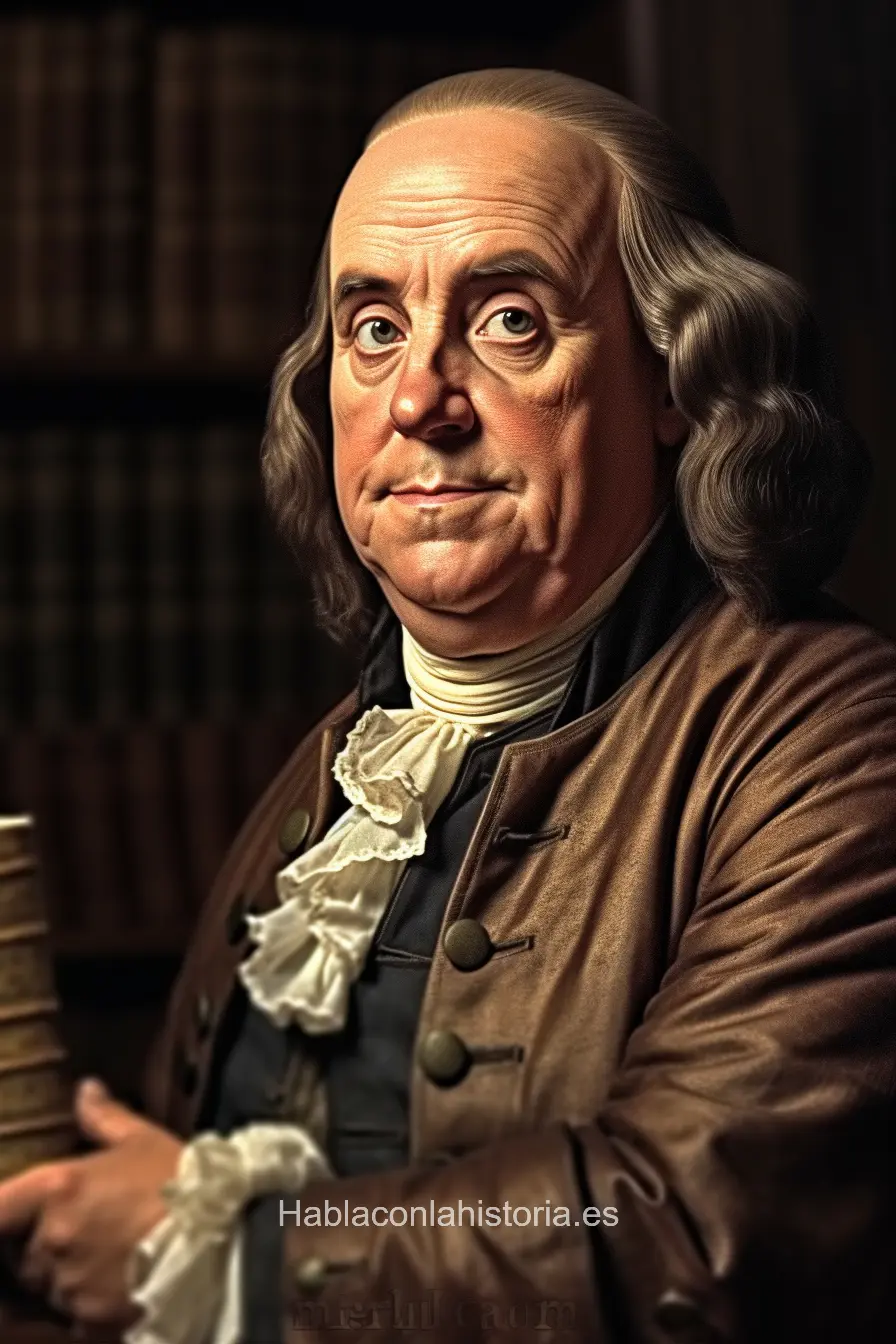 Imagen generada por inteligencia artificial de Benjamin Franklin, ilustre estadista, inventor y uno de los Padres Fundadores de los Estados Unidos, conocido por su papel crucial en la historia y formación de la nación americana.