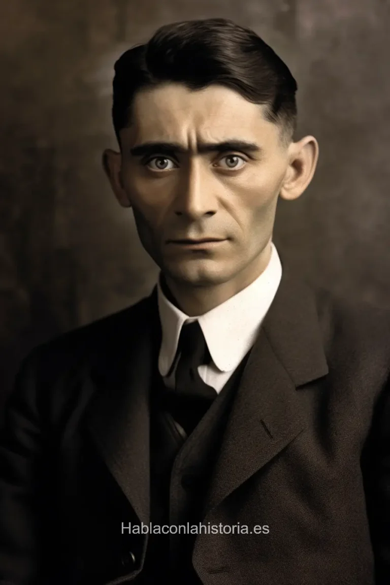 Imagen realista de Franz Kafka, el influyente escritor de novelas y cuentos cortos, generada por IA. Contiene citas célebres, interacción de chat IA y actividades de aprendizaje literario.