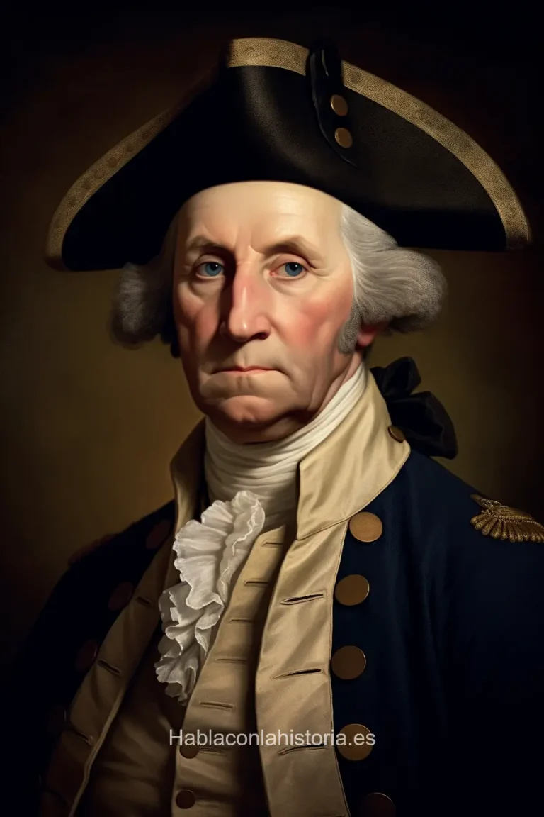 Imagen realista de George Washington, el primer Presidente de los Estados Unidos de América, generada por IA. Contiene citas célebres, interacción de chat IA y actividades de aprendizaje histórico.