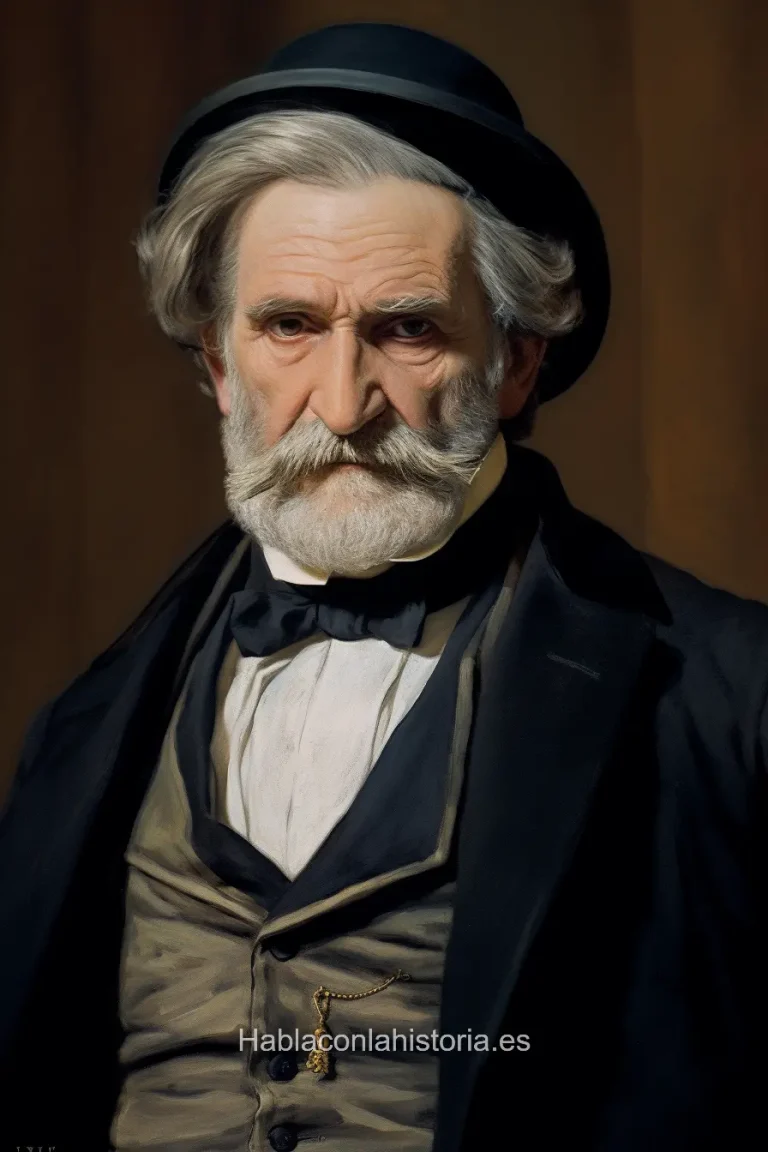 Imagen realista de Giuseppe Verdi, el ilustre compositor italiano de óperas, generada por IA. Contiene citas célebres, interacción de chat IA y actividades de aprendizaje musical.