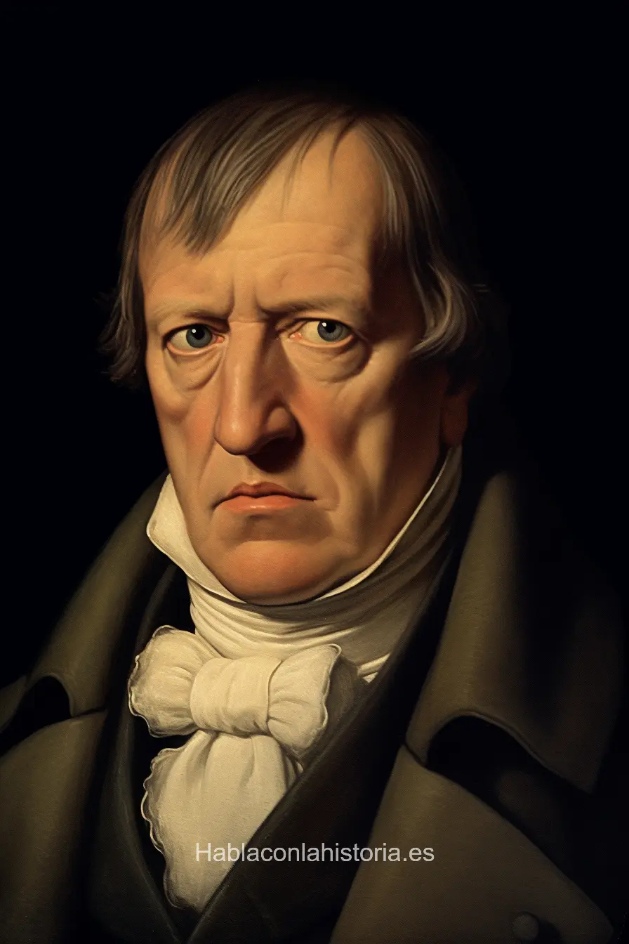 Imagen realista de Friedrich Hegel, el influyente filósofo alemán, generada por IA. Contiene citas célebres, interacción de chat IA y actividades de aprendizaje filosófico.
