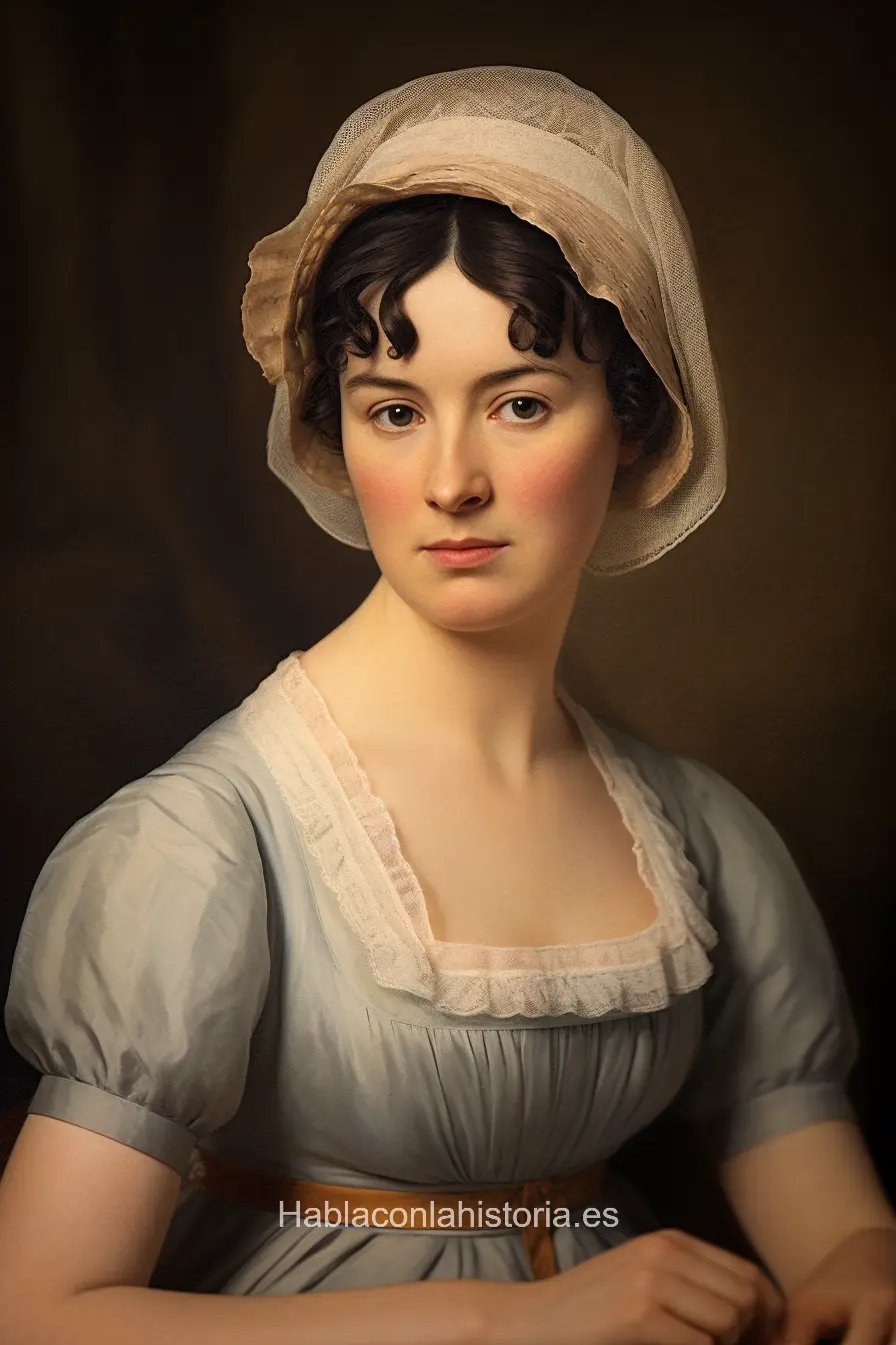 magen realista de Jane Austen, la célebre escritora británica del siglo XIX, generada por IA. Contiene citas célebres, interacción de chat IA y actividades de aprendizaje literario.