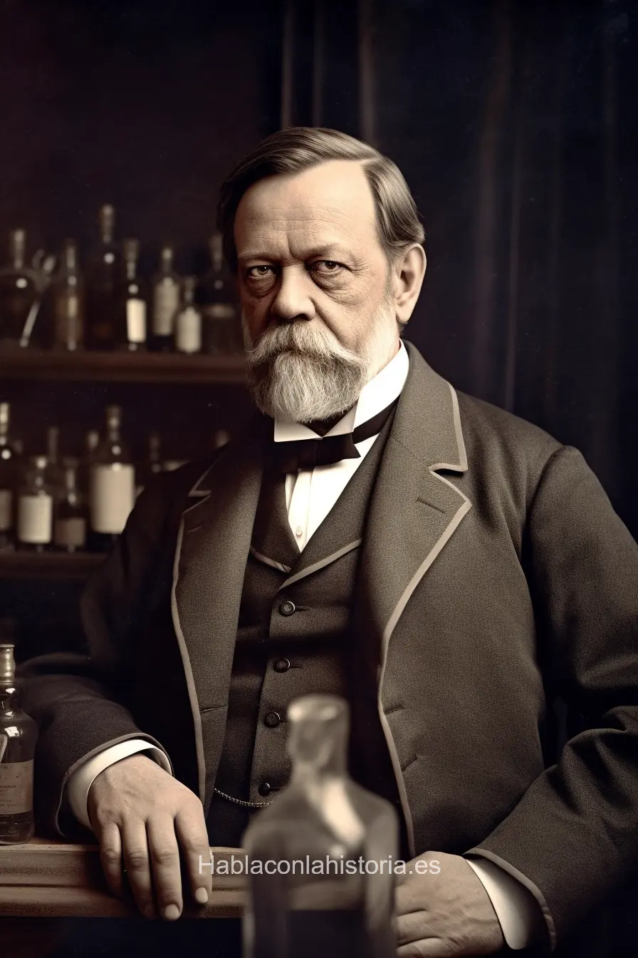 Imagen realista de Louis Pasteur, el renombrado químico y microbiólogo francés, creador de la vacuna contra la rabia y la técnica de pasteurización, generada por IA. Contiene citas célebres, interacción de chat IA y actividades de aprendizaje científico.