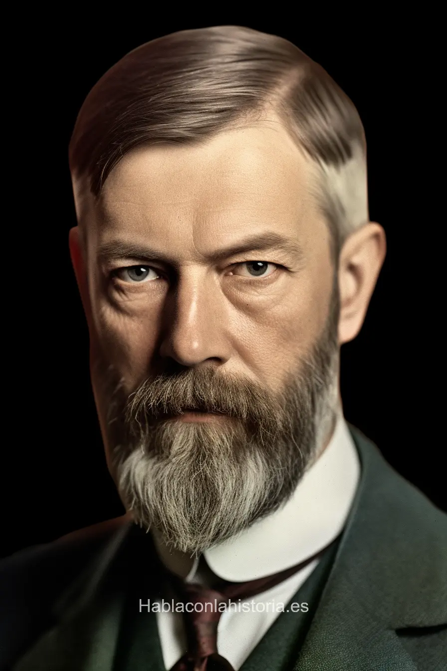 Imagen realista de Max Weber, el influyente sociólogo y economista alemán, creada por IA. Incluye citas célebres, interacción con chat IA y actividades educativas sobre teoría sociológica.