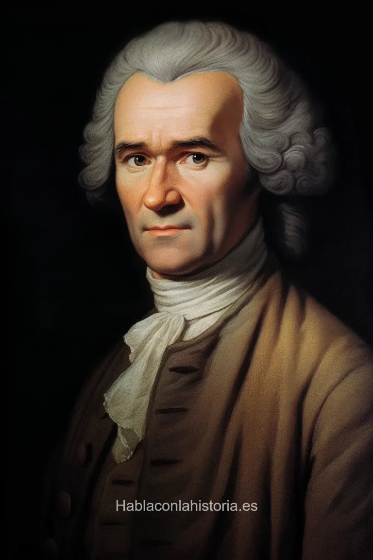 Imagen realista de Jean-Jacques Rousseau, el influyente filósofo del siglo XVIII, generada por IA. Contiene citas célebres, interacción de chat IA y actividades de aprendizaje filosófico.