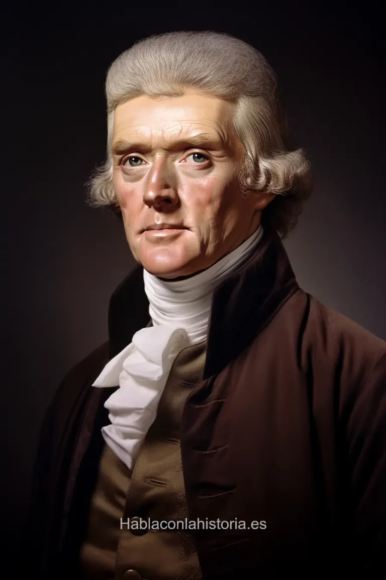 Imagen realista de Thomas Jefferson, el tercer presidente de los Estados Unidos y principal autor de la Declaración de Independencia, generada por IA. Contiene citas célebres, interacción de chat IA y actividades de aprendizaje histórico.