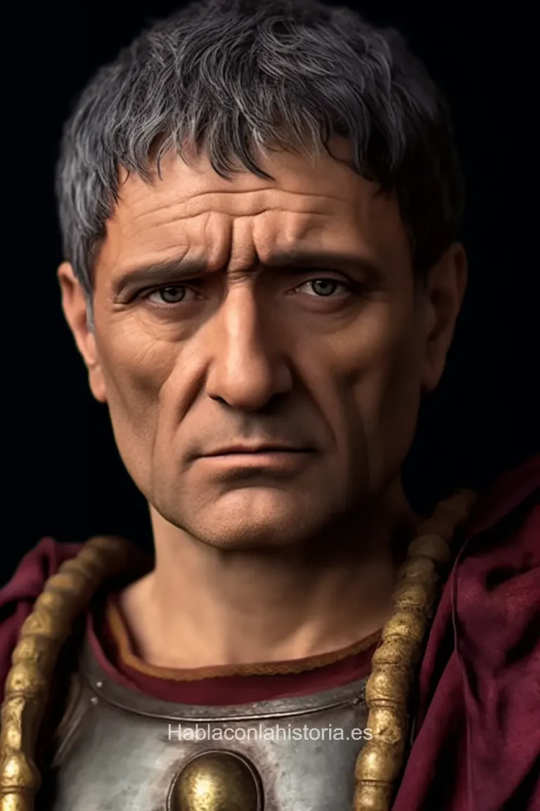 Representación realista de Trajano, el emperador romano, generada por IA. Acompañada de citas célebres, diálogo interactivo de IA y ejercicios educativos sobre su reinado y logros.