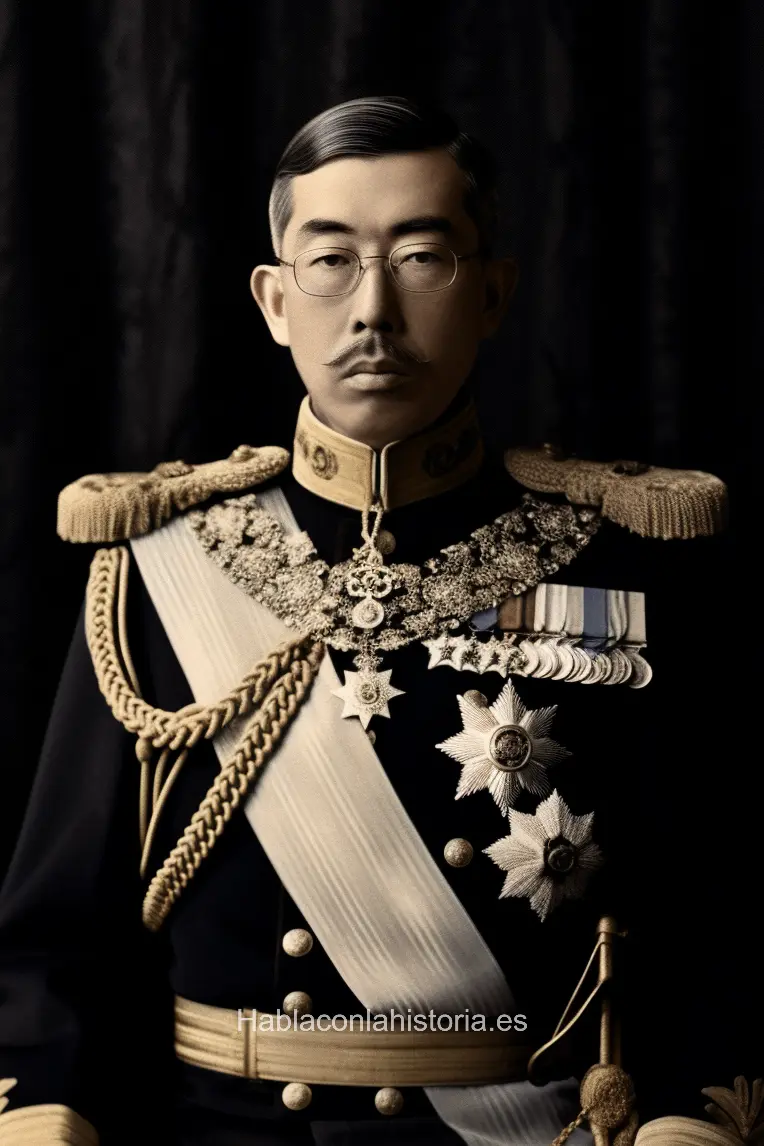 Imagen realista de Hirohito, el emperador de Japón durante la Segunda Guerra Mundial, generada por IA. Contiene citas célebres, interacción de chat IA y actividades de aprendizaje histórico.