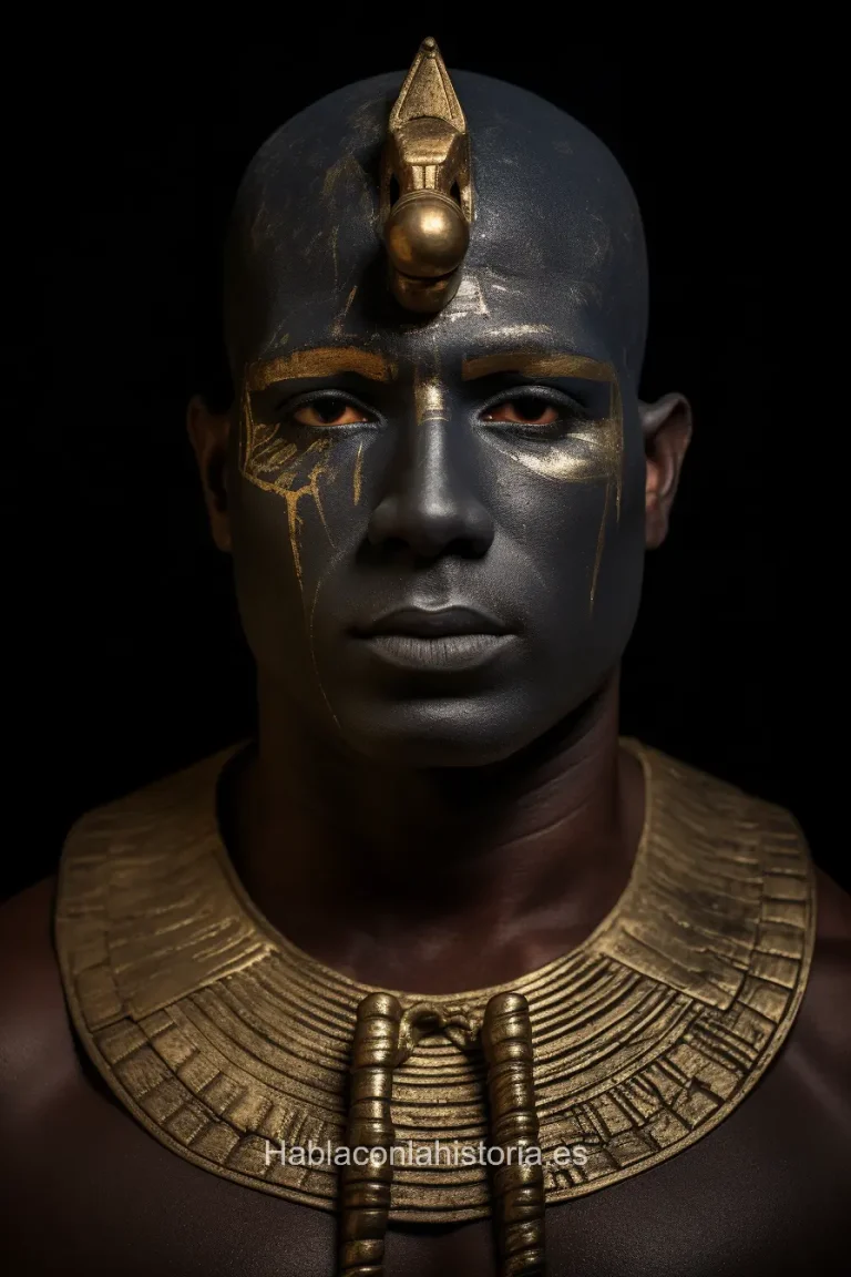 Imagen realista de Narmer, el primer faraón de Egipto unificado, generada por IA. Contiene citas célebres, interacción de chat IA y actividades de aprendizaje histórico.