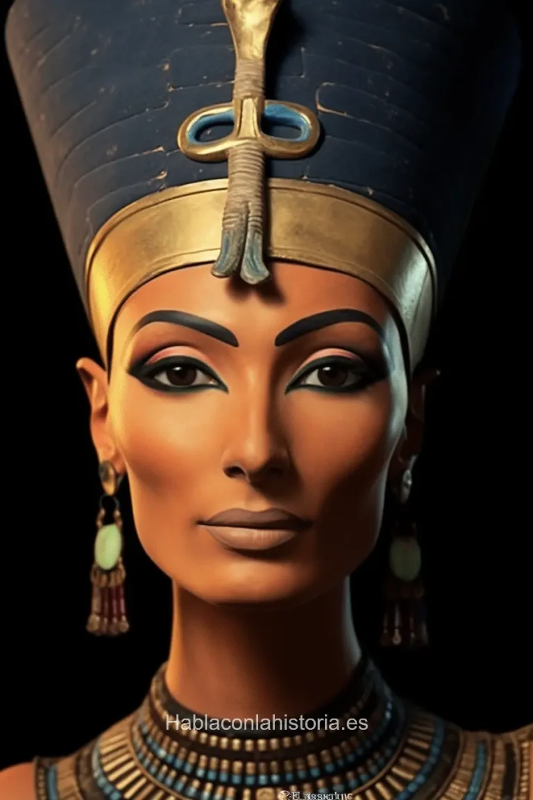 Imagen realista de Nefertiti, la reina consorte del Antiguo Egipto, generada por IA. Contiene citas célebres, interacción de chat IA y actividades de aprendizaje histórico.