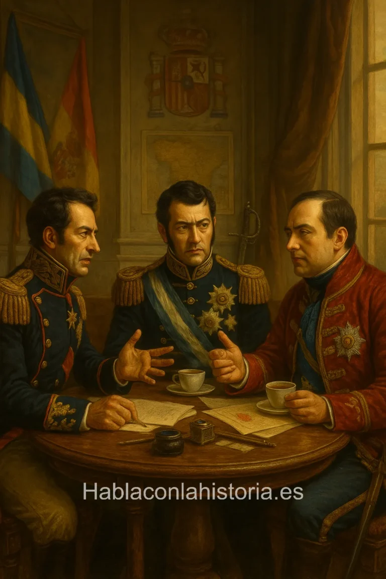 Simón Bolívar, José de San Martín, y Fernando VII de España