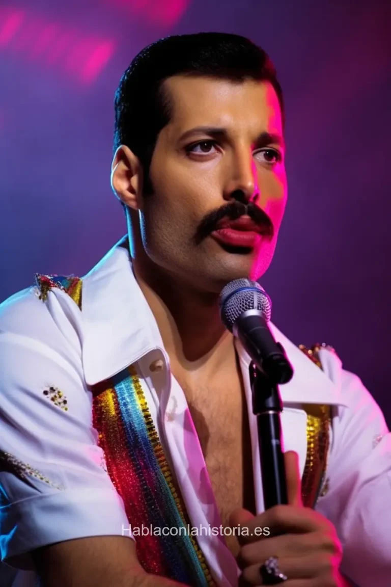 Imagen realista de Freddie Mercury, el icónico líder de Queen, generada por IA. Contiene citas célebres, interacción de chat IA y actividades de aprendizaje musical.