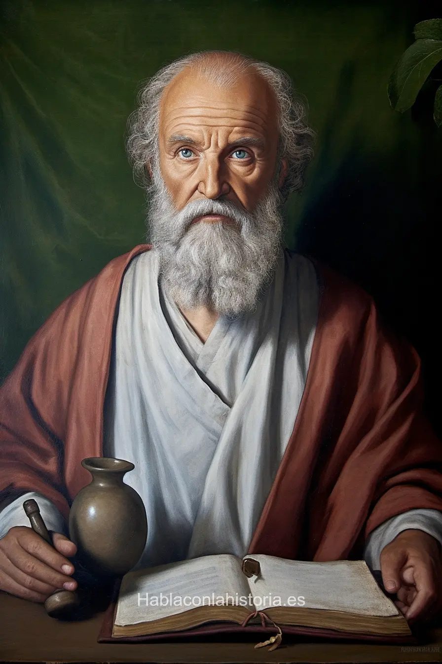 Imagen realista de Hipócrates, el padre de la medicina, generada por IA. Contiene citas célebres, interacción de chat IA y actividades de aprendizaje médico.