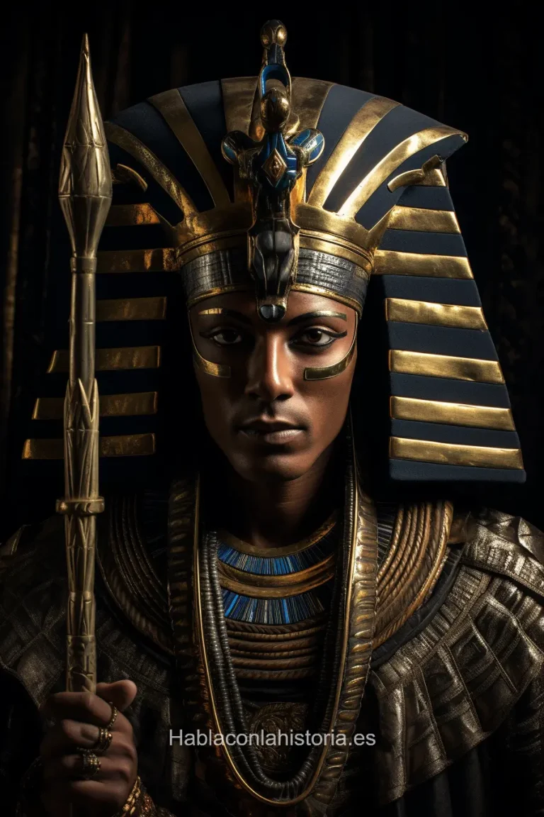 Imagen realista de Ramsés II, el faraón más grande de Egipto, generada por IA. Contiene citas célebres, interacción de chat IA y actividades de aprendizaje histórico.