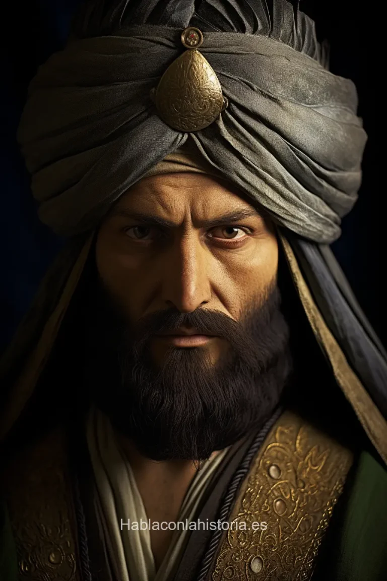 Imagen realista de Saladino, el líder militar y político kurdo-árabe del siglo XII, conocido por su papel en las Cruzadas, generada por IA. Contiene citas célebres, interacción de chat IA y actividades de aprendizaje histórico.