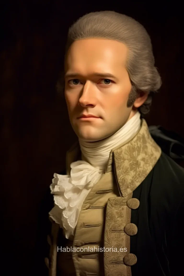 Imagen realista de Alexander Hamilton, uno de los padres fundadores de Estados Unidos, generada por IA. Contiene citas célebres, interacción de chat IA y actividades de aprendizaje histórico.