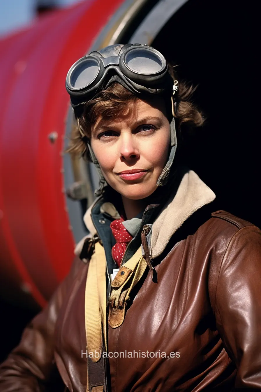 Imagen realista de Amelia Earhart, la famosa aviadora pionera, generada por IA. Contiene citas célebres, interacción de chat IA y actividades de aprendizaje histórico.