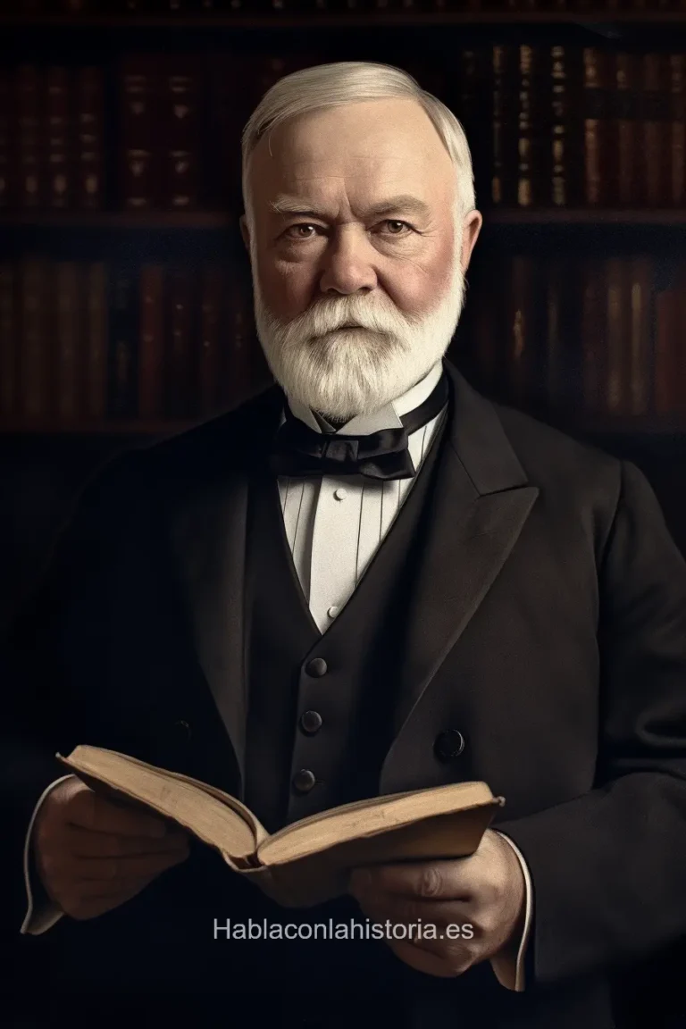 Imagen realista de Andrew Carnegie, el magnate del acero y filántropo escocés-estadounidense, generada por IA. Contiene citas célebres, interacción de chat IA y actividades de aprendizaje histórico.