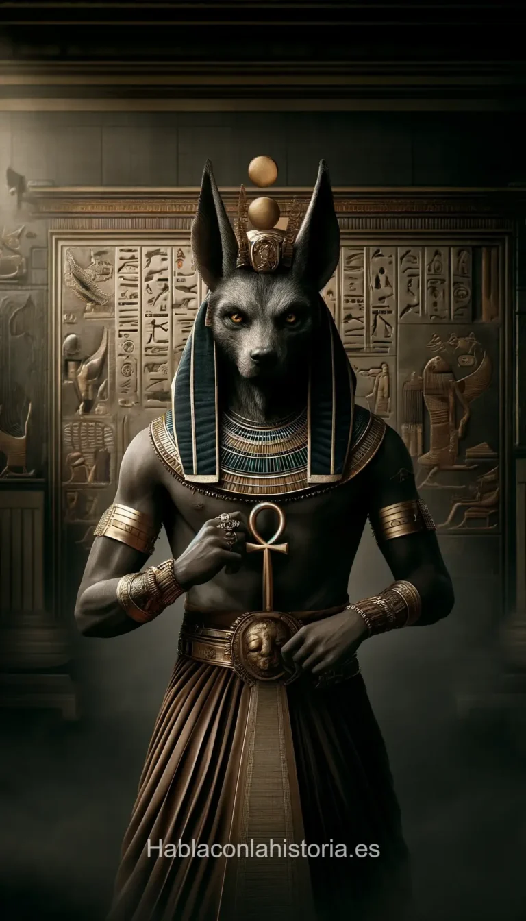 Imagen realista de Anubis, el dios egipcio de la muerte y el más allá, generada por IA. Contiene citas célebres, interacción de chat IA y actividades de aprendizaje histórico.