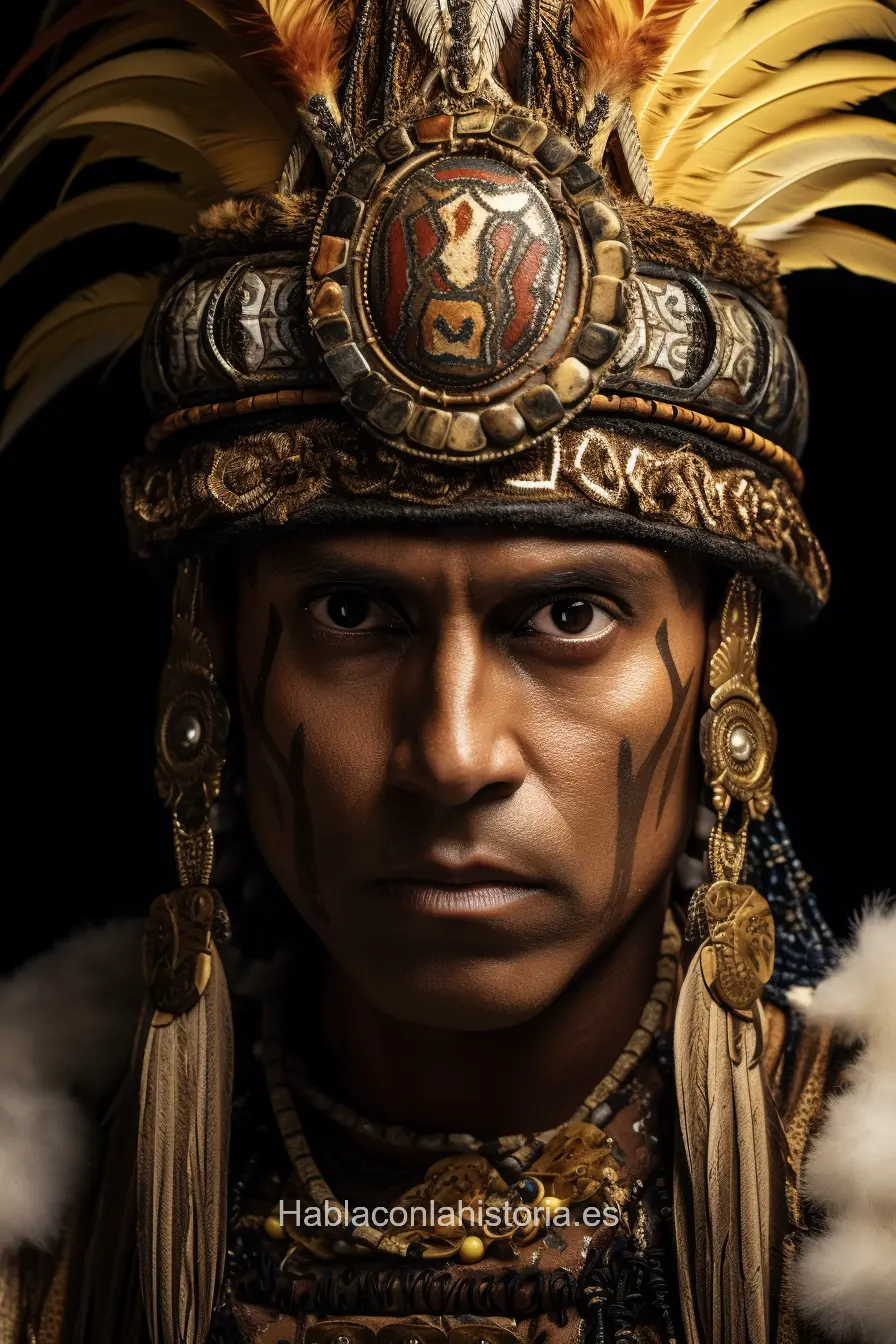 Imagen realista de Atahualpa, el último emperador inca, generada por IA. Contiene citas célebres, interacción de chat IA y actividades de aprendizaje histórico.