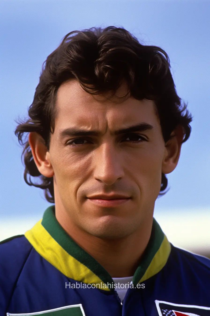 Imagen realista de Ayrton Senna, el legendario piloto de Fórmula 1, generada por IA. Contiene citas célebres, interacción de chat IA y actividades de aprendizaje histórico.