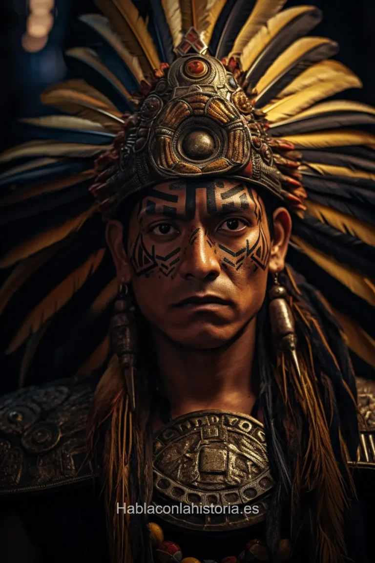 Imagen realista de Cuauhtémoc, el último emperador azteca, generada por IA. Contiene citas célebres, interacción de chat IA y actividades de aprendizaje histórico.