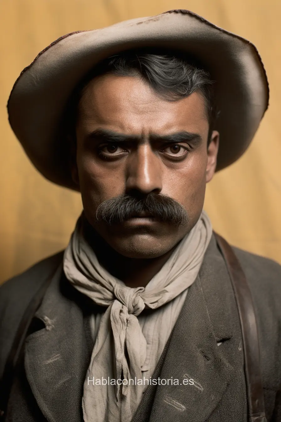 Imagen realista de Emiliano Zapata, el líder revolucionario mexicano conocido por su lucha por la reforma agraria, generada por IA. Contiene citas célebres, interacción de chat IA y actividades de aprendizaje histórico.