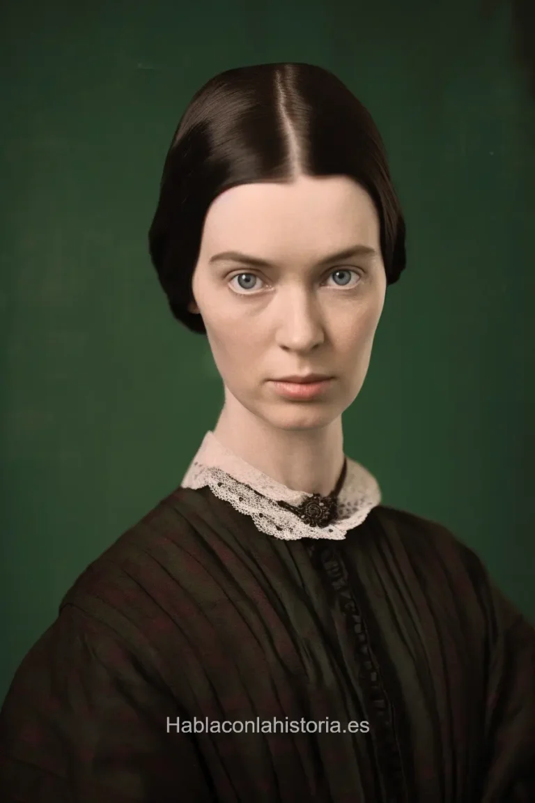 Imagen realista de Emily Dickinson, la poeta estadounidense, generada por IA. Contiene citas célebres, interacción de chat IA y actividades de aprendizaje literario.