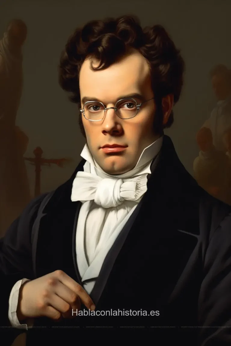 Imagen realista de Franz Schubert, el compositor austríaco del Romanticismo, generada por IA. Contiene citas célebres, interacción de chat IA y actividades de aprendizaje histórico.