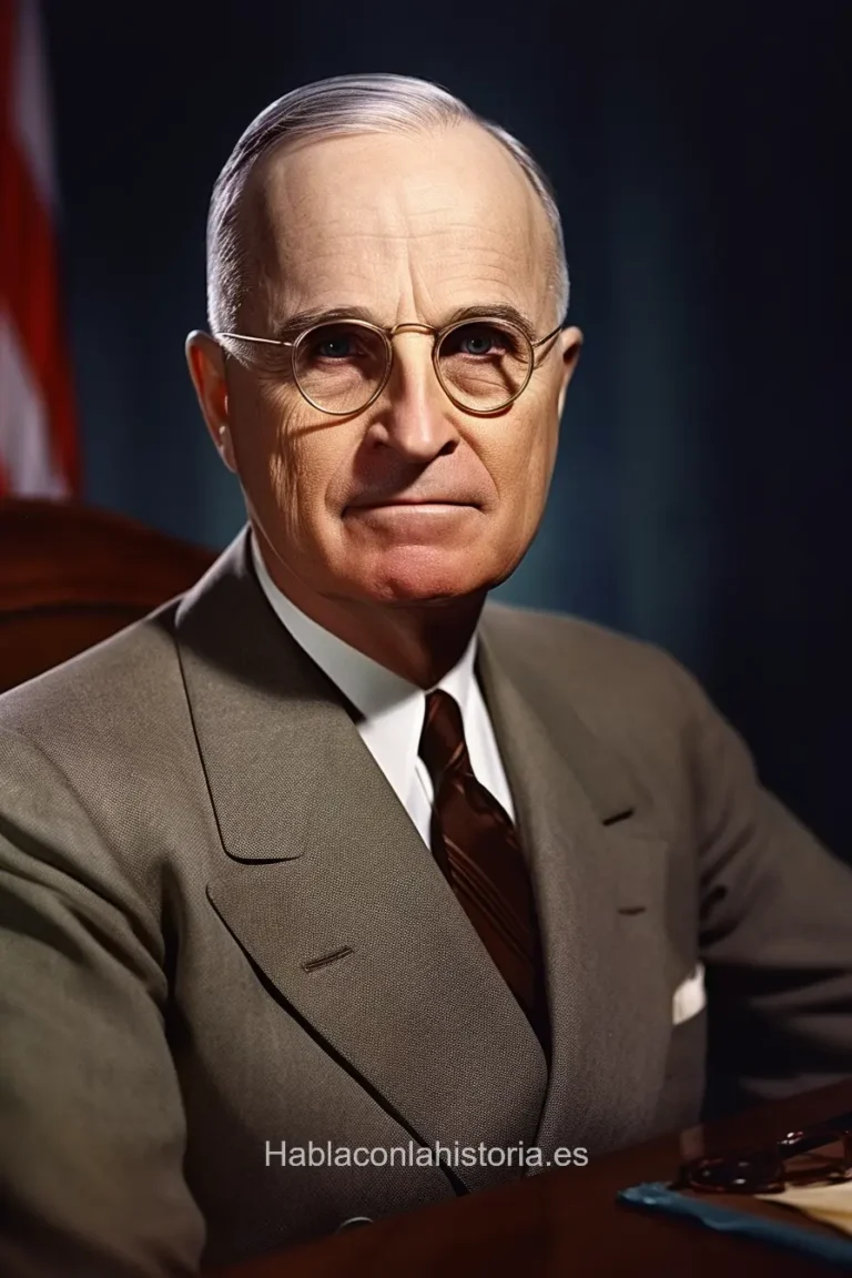 Foto realista de Harry S. Truman, el 33º presidente de los Estados Unidos, generada por IA. Contiene citas célebres, chat de inteligencia artificial y tareas didácticas.