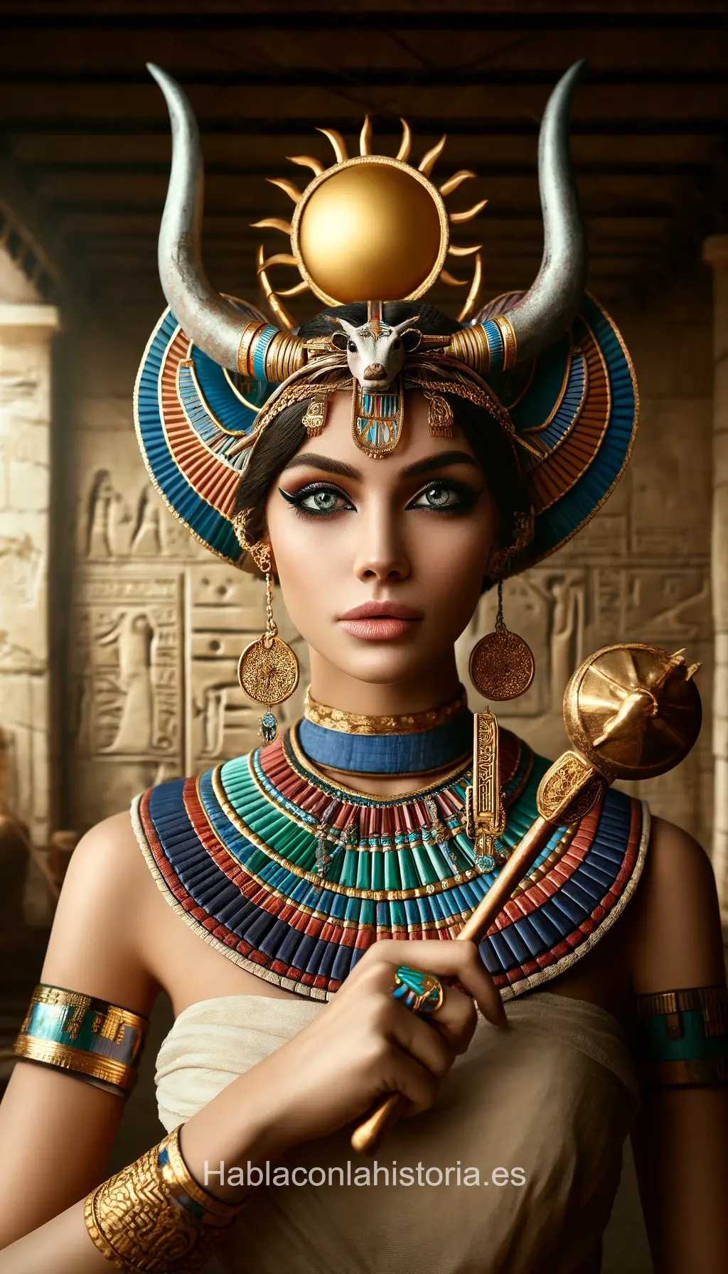 Imagen realista de Hathor, la diosa egipcia del amor y la maternidad, generada por IA. Contiene citas célebres, interacción de chat IA y actividades de aprendizaje histórico.