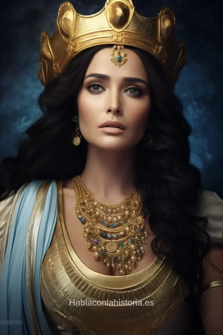 Imagen realista de Hera, la reina de los dioses en la mitología griega, generada por IA. Contiene citas célebres, interacción de chat IA y actividades de aprendizaje histórico.