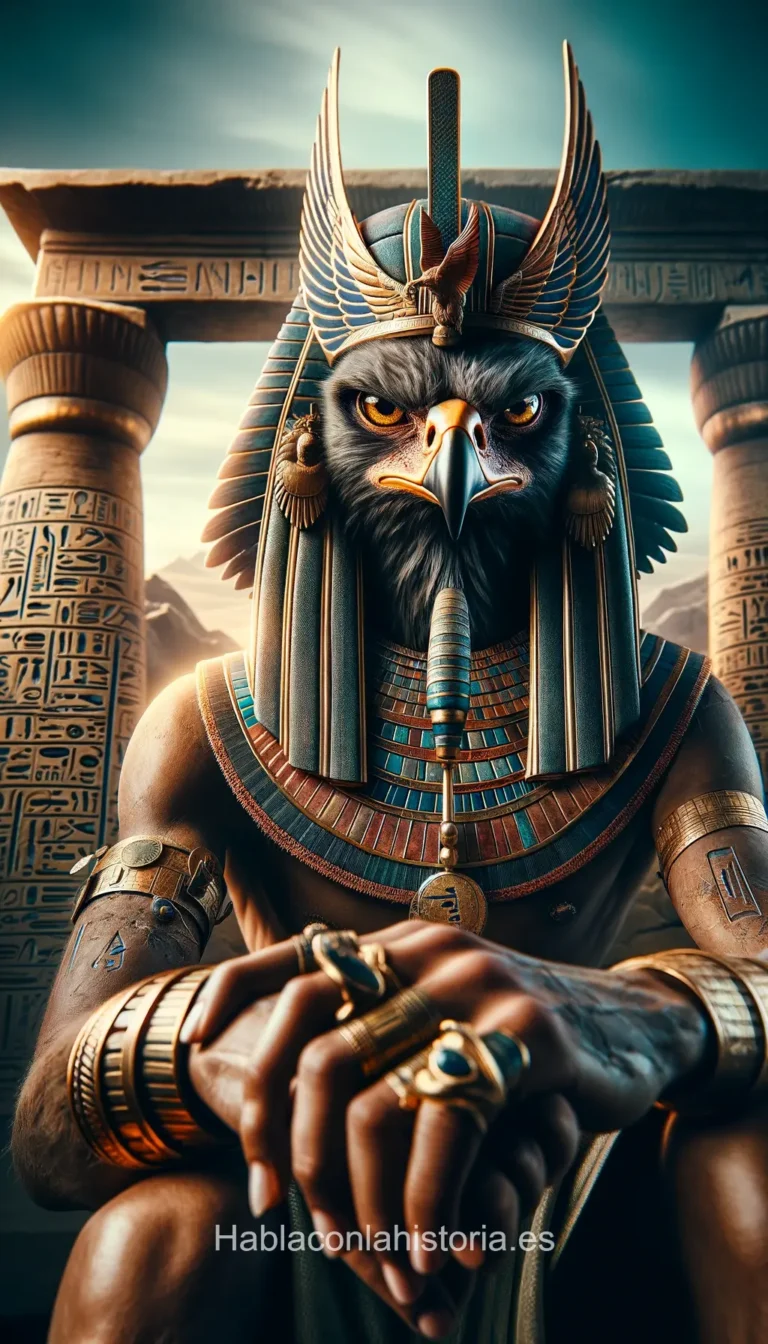 Imagen realista de Horus, el dios egipcio del cielo y la realeza, generada por IA. Contiene citas célebres, interacción de chat IA y actividades de aprendizaje histórico.