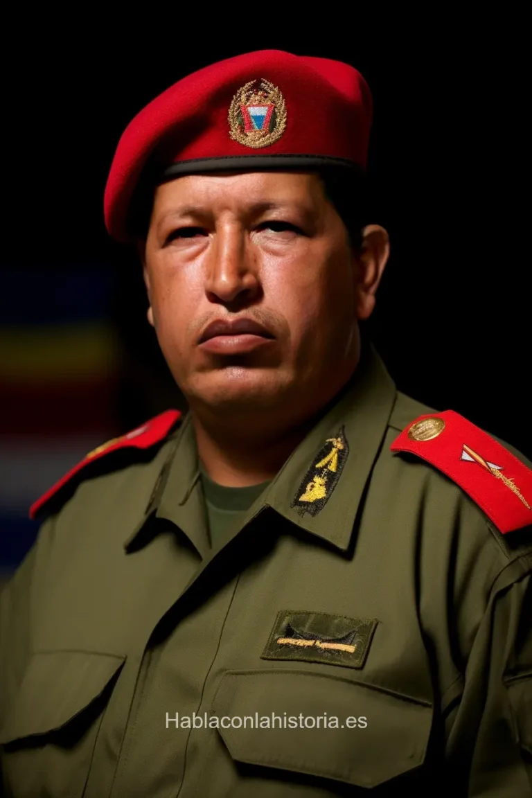 Imagen realista de Hugo Chávez, el expresidente de Venezuela, generada por IA. Contiene citas célebres, interacción de chat IA y actividades de aprendizaje histórico.