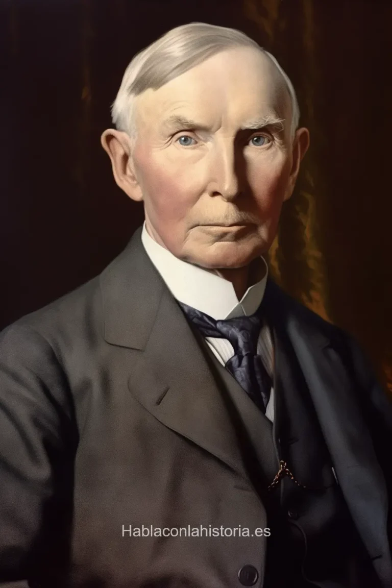 Imagen realista de John D. Rockefeller, el magnate petrolero y filántropo estadounidense, generada por IA. Contiene citas célebres, interacción de chat IA y actividades de aprendizaje histórico.