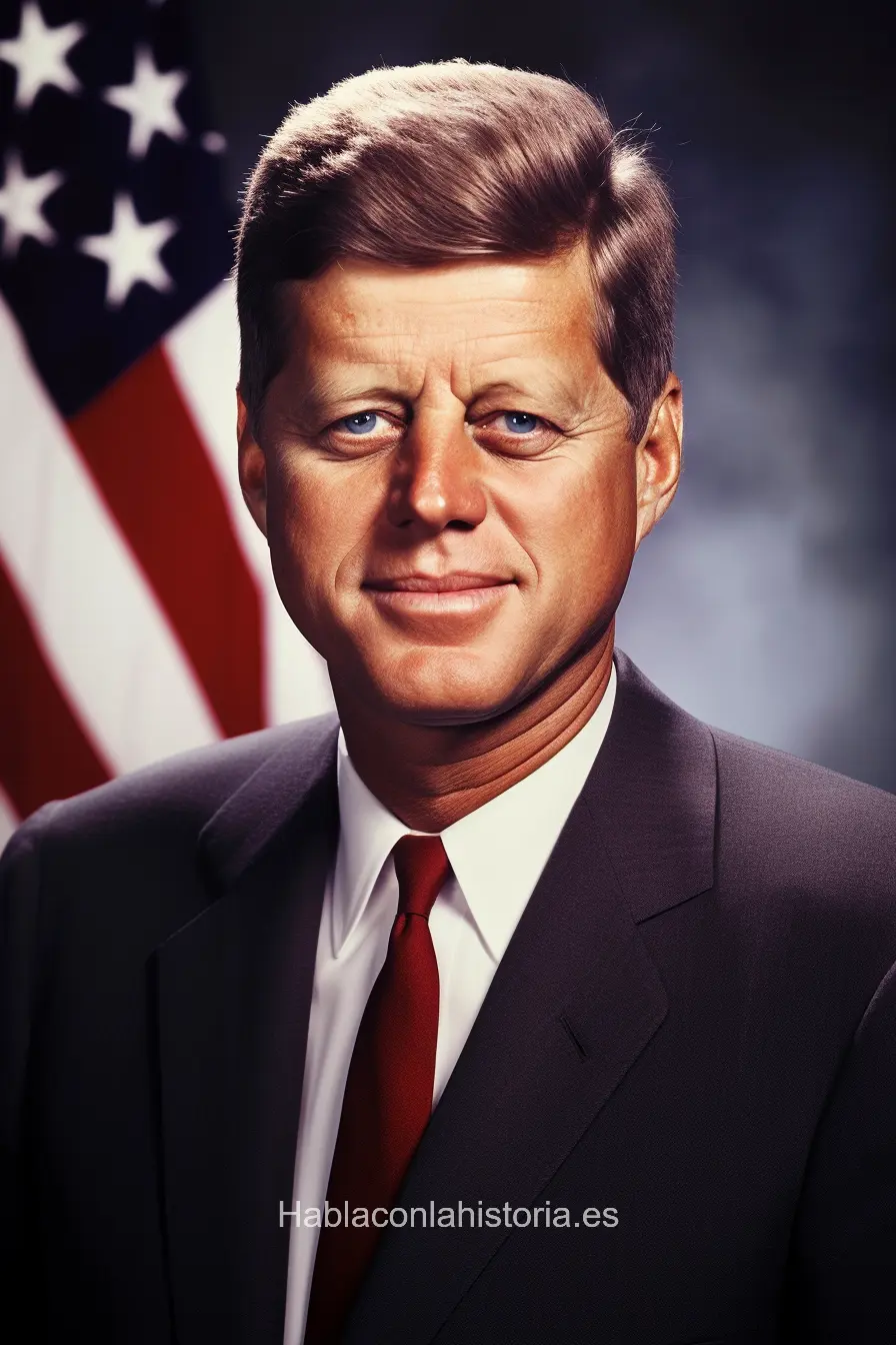 Foto realista de John F. Kennedy, el 35º presidente de los Estados Unidos, generada por IA. Contiene citas célebres, chat de inteligencia artificial y tareas didácticas.