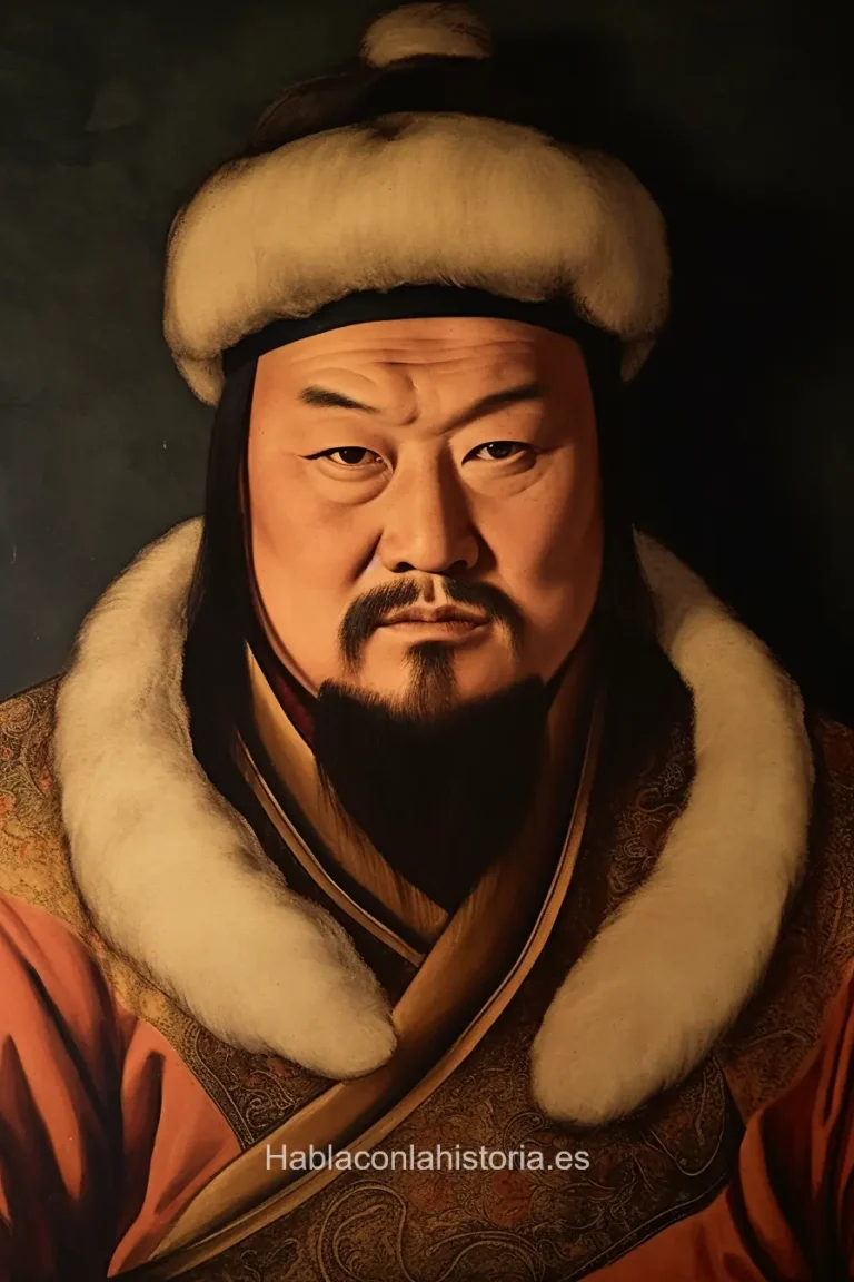 Imagen realista de Kublai Kan, el fundador de la dinastía Yuan en China, generada por IA. Contiene citas célebres, interacción de chat IA y actividades de aprendizaje histórico.