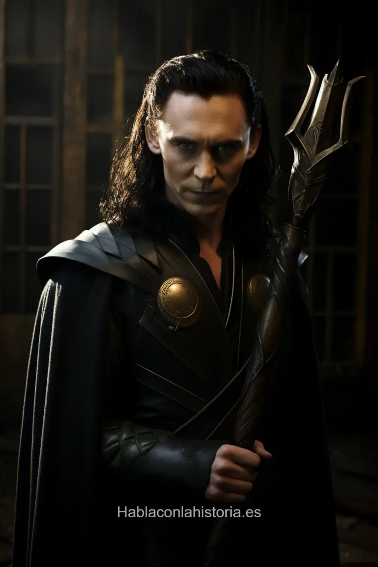 Imagen realista de Loki, el dios nórdico del engaño, generada por IA. Contiene citas célebres, interacción de chat IA y actividades de aprendizaje mitológico.