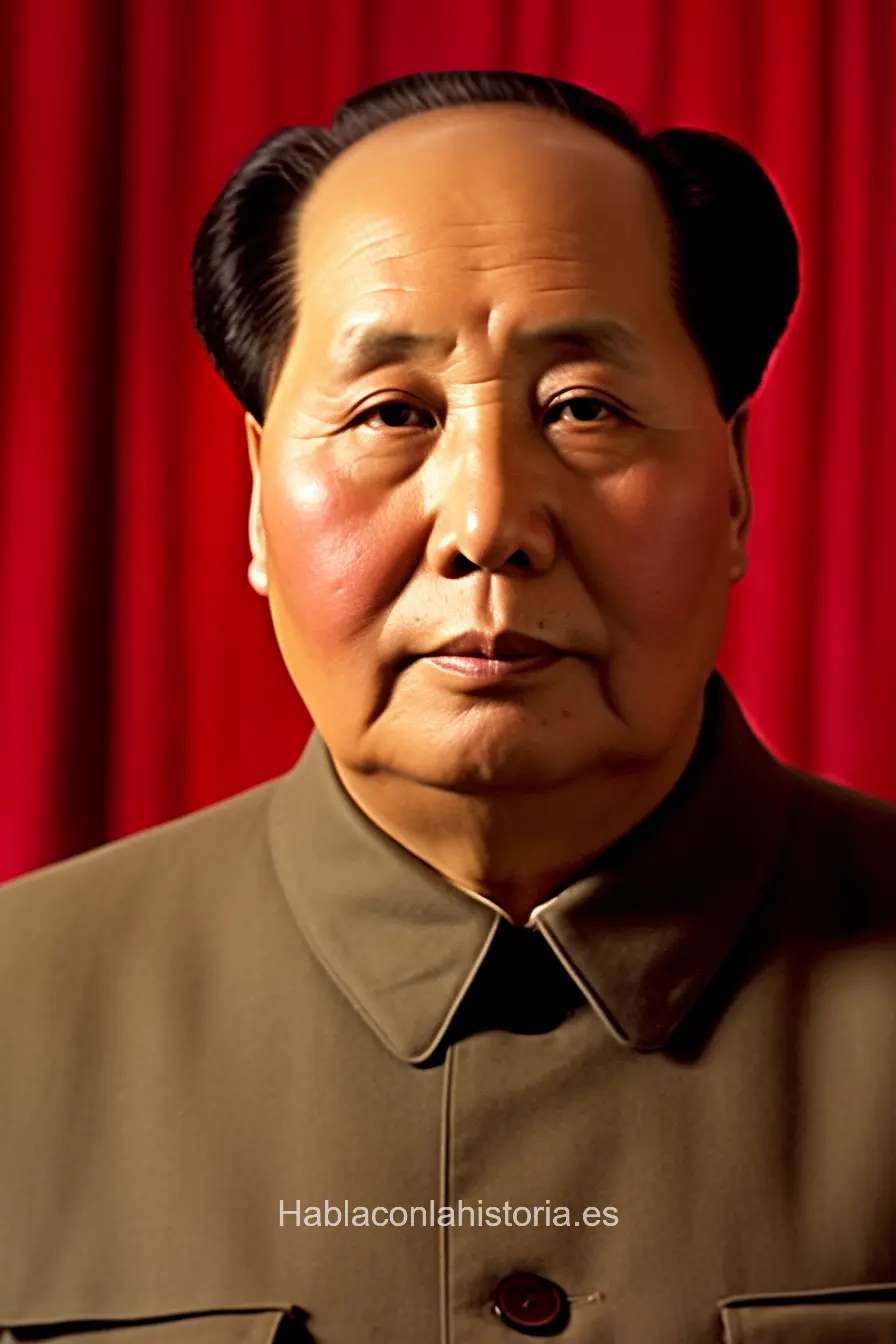 Imagen realista de Mao Zedong, el líder de la Revolución China y fundador de la República Popular China, generada por IA. Contiene citas célebres, interacción de chat IA y actividades de aprendizaje histórico.