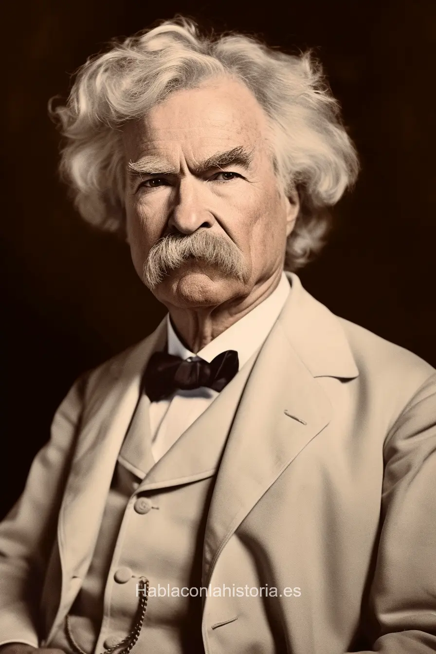 Imagen realista de Mark Twain, el célebre autor estadounidense conocido por sus obras "Las aventuras de Tom Sawyer" y "Las aventuras de Huckleberry Finn", generada por IA. Contiene citas célebres, interacción de chat IA y actividades de aprendizaje literario.