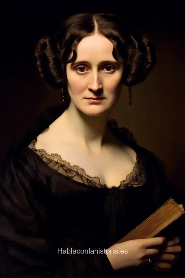 Imagen realista de Mary Shelley, la autora de "Frankenstein", generada por IA. Contiene citas célebres, interacción de chat IA y actividades de aprendizaje literario.