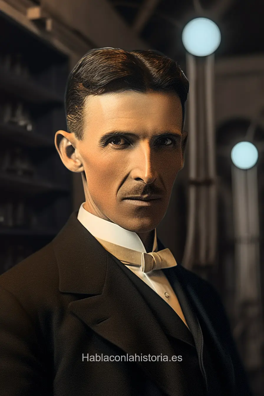 Imagen realista de Nikola Tesla, el inventor y pionero en electricidad, generada por IA. Contiene citas célebres, interacción de chat IA y actividades de aprendizaje histórico.