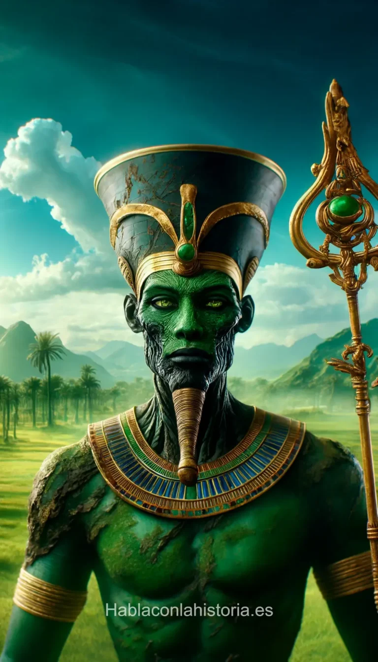 Imagen realista de Osiris, el dios egipcio de la vida después de la muerte, generada por IA. Contiene citas célebres, interacción de chat IA y actividades de aprendizaje histórico.