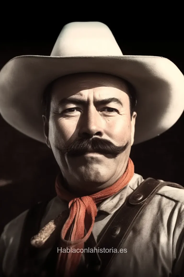 Imagen realista de Pancho Villa, el líder revolucionario mexicano conocido como el 'Centauro del Norte', generada por IA. Contiene citas célebres, interacción de chat IA y actividades de aprendizaje histórico.
